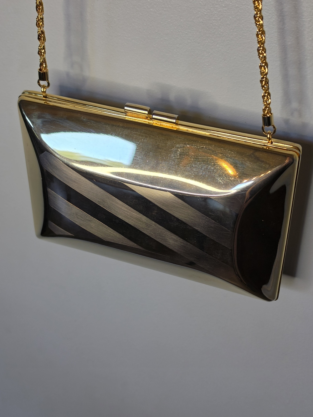 Vintage Gold Metal Minaudiere Box Clutch Evening Bag Chain Strap Made in Italy